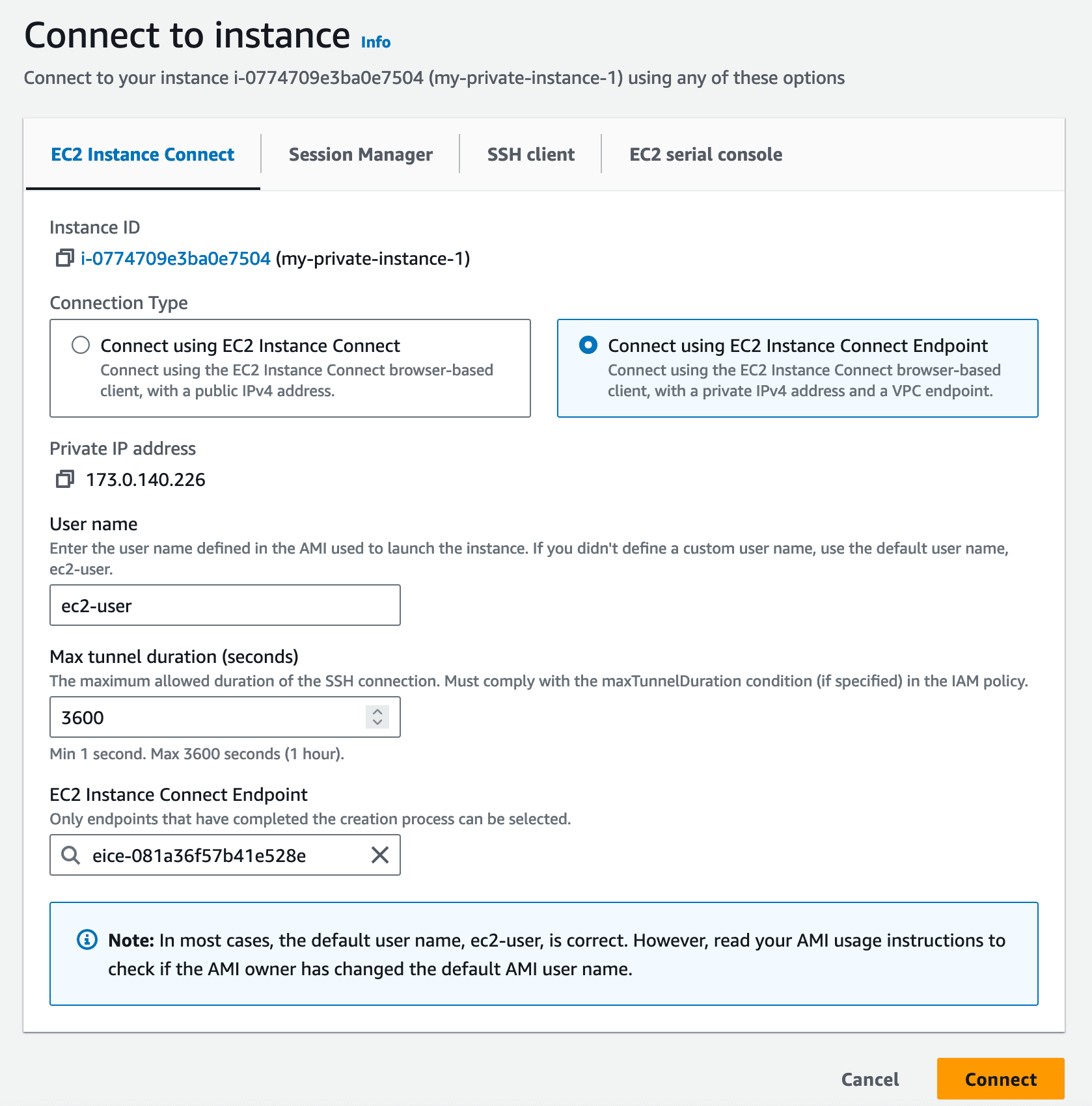 AWS Console based connection window